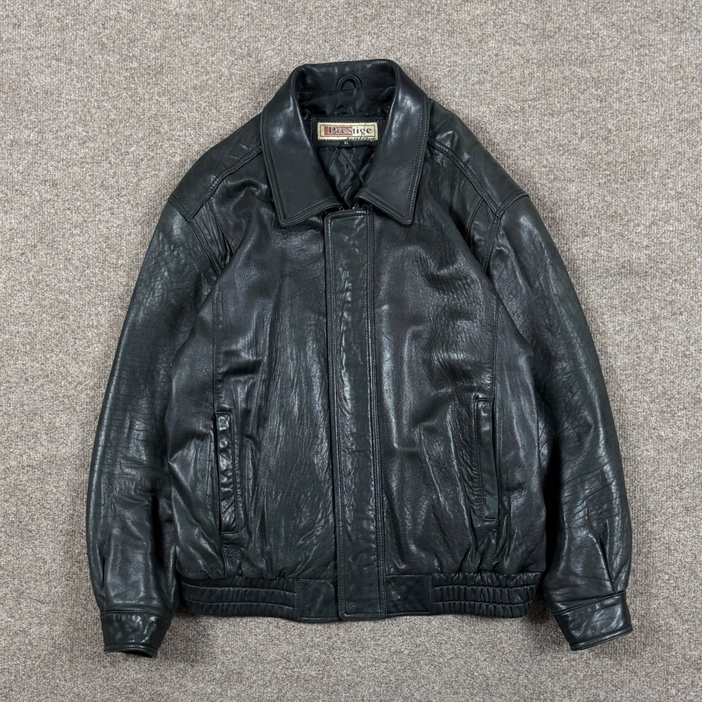 Vintage 90s‎ Prestige Black Soft Genuine Leather Full Zip Bomber Jacket Men’s XL